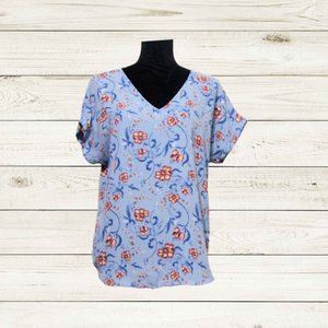 Hippie rose womens top blouse size L short sleeves blue floral